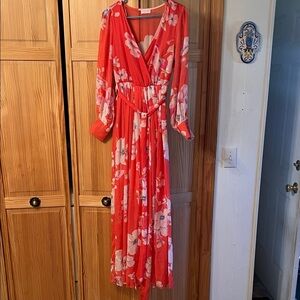 Pink Lily Vibrant melon and Pink Floral Maxi Dress small